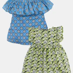Kiddopanti Light Blue & Light Green & Yellow Cotton Casual Dresses for Girls-image-36