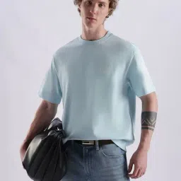 CALVIN KLEIN Light Blue Solid Relaxed Fit Cotton T-Shirt image 5