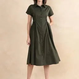 RAREISM Olive Cotton Blend Solid Short Sleeves Dress-image-19