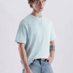 CALVIN KLEIN Light Blue Solid Relaxed Fit Cotton T-Shirt image 4