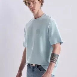 CALVIN KLEIN Light Blue Solid Relaxed Fit Cotton T-Shirt image 3