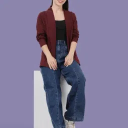 Kryptic Burgundy and Light Fawn Cotton Solid Open Front Shrug with Pockets, Pack of 2 image 5