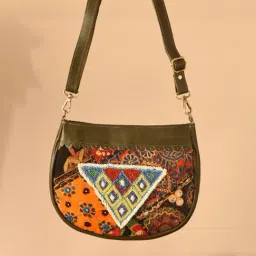 Jaypore Olive Green Embroidered Medium Leather Cross Body Bag-picture-13