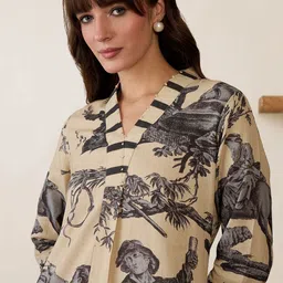 Indo Era Women Printed Regular Linen Kurta with Trousers-picture-13