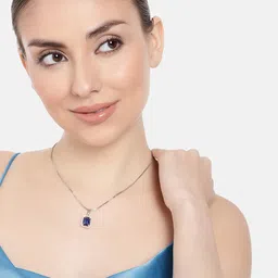 Estele Rhodium-Plated Square CZ Pendant with Chain image 1