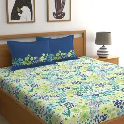 Home Ecstasy 140TC 100% Cotton Floral Blue Double Bedsheet with 2 Pillow Cover-picture-22