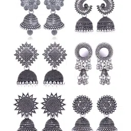 MEENAZ Set Of 6 Silver Plated Oxidised Dome Shaped Jhumkas-picture-41