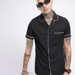 glitchez Textured Contrast Piping Detail Casual Shirt-image-32