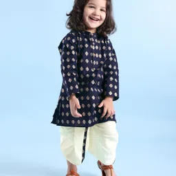 Babyhug 100% Cotton Knit Foil Printed Full Sleeves Kurta with Dhoti Set - Navy Blue-picture-10