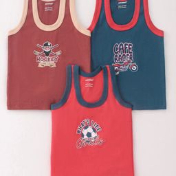 CUCUMBER Cotton Knit Sleeveless Set of Vests Bike & Football Print Pack of 3 - Red Plum & Navy-picture-23
