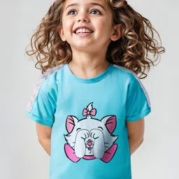 Babyhug Disney Cotton Knit Half Sleeves Oversized Drop Shoulders T-Shirt with Sequinned Detailing & Marie Graphic - Blue-image-95