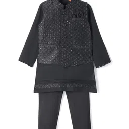 Robo Fry Silk Woven Full Sleeves Solid Colour Kurta Pyjama Set with Sequined Embroidered Nehru Jacket - Black-picture-17