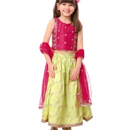 Babyhug Woven Sleeveless Choli Lehenga Set with Dupatta Sequin Embroidery - Fuschia & Green-picture-14
