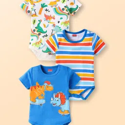 Babyhug Disney Interlock Knit Half Sleeves Onesies WithStripes Dino Graphics Pack Of 3 - Blue & White-picture-21