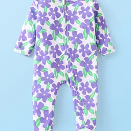 Babyhug Cotton Knit Full Sleeves Footed Sleepsuit with Floral Print - Lavender-picture-28
