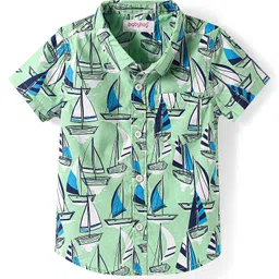Babyhug Cotton Knit Half Sleeves Shirt With Boat Print - Light Green-image-101