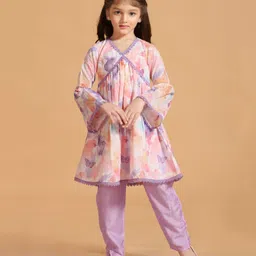 MASTARANG Cotton Full Bell Sleeves Butterfly Printed Schiffli Embroidered & Lace Detailed Kurta Pant Set - Lilac-picture-27