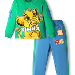 Babyhug Disney Single Jersey Knit Full Sleeves T-Shirt & Lounge Pant Set with Lion King Graphic and Badge Detailing - Green & Blue image 1