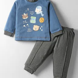 Zero Interlock Knit Full Sleeves T-Shirt & Lounge Pant Set with Animal Print & Patch Detailing - Charcoal Grey & Navy Blue-picture-13