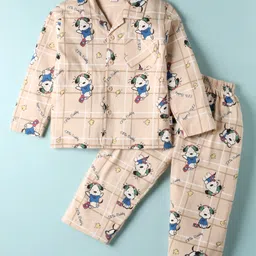 Teddy Sinker Knit Full Sleeves Co-Ord Night Suit with Doggo Print - Tan-picture-34