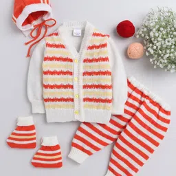 Little Angels Woollen Knit Full Sleeves Striped Sweater Set With Cap & Socks - White & Orange-image-42