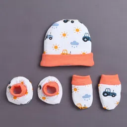 BUMZEE Cotton Knit Car Printed Cap Mittens & Booties White & Orange - Diameter 8 cm-picture-37