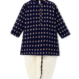 Babyhug 100% Cotton Knit Foil Printed Full Sleeves Kurta with Dhoti Set - Navy Blue image 2