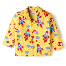 Babyhug Cotton Knit Full Sleeves Front Open Night Suit with Rocket Print - Yellow image 2