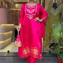 FAST FASHIONS Women Ethnic Motifs Embroidered Regular Thread Work Kurta with Trousers & With Dupatta-picture-18