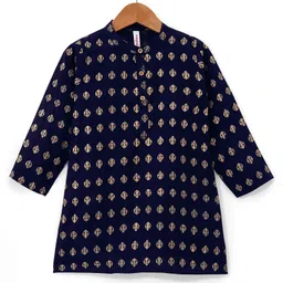 Babyhug 100% Cotton Knit Foil Printed Full Sleeves Kurta with Dhoti Set - Navy Blue image 3