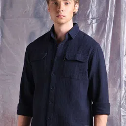 Hubberholme Men Relaxed Fit Utility Pockets Opaque Textured Cotton Casual Shirt image 4