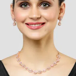 Karatcart Floral Design Pink Cubic Zirconia Studded Rose Gold-Plated Necklace Set-image-12