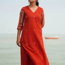 Okhai Orange Pure Cotton Hand Embroidered Kurti-image-15