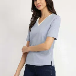 Fablestreet Blue Cotton V-Neck T-Shirt image 3