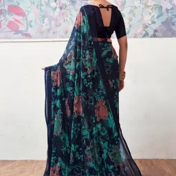 Satrani Blue Floral Print Saree With Unstitched Blouse image 3