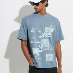 nuon men Nuon by Westside Dusty Blue Printed Relaxed-Fit Cotton T-Shirt-picture-18