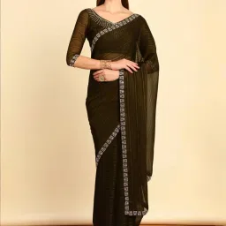 Soch Womens Olive Green Horizontal Striped Chiffon Saree With Stone Embellishment image 3