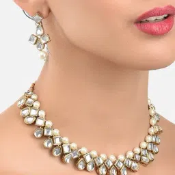 Zaveri Pearls Clear & Pearl White Alloy Necklace & Earring Set-image-4
