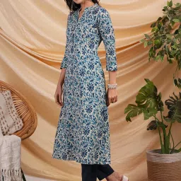 Kami Kubi Blue Cotton Printed A Line Kurta image 3