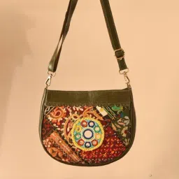 Jaypore Olive Green Embroidered Medium Leather Cross Body Bag-picture-44