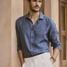 Andamen Navy Blue Linen Slim Fit Checked Shirt-image-67