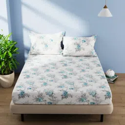 Bianca SERINA Floral Blue 144 TC Cotton Double Bedsheet with 2 Pillow Covers-image-1