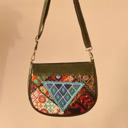 Jaypore Olive Green Embroidered Medium Leather Cross Body Bag-picture-18