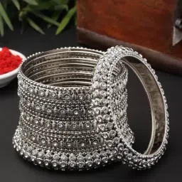 Zeneme Silver Plated Oxidised CZ Stone Studded Broad Bangles for Women Set of 14-picture-22