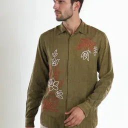 celio Celio* Khaki Regular Fit Embroidered Shirt-picture-18