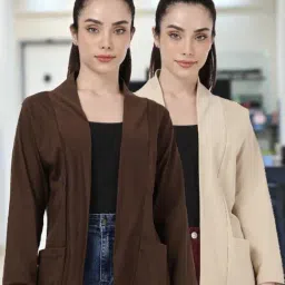 Kryptic Dark Brown and Light Fawn Cotton Solid Open Front Shrug with Pockets, Pack of 2-picture-19