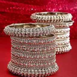 Zeneme Silver Plated Oxidised CZ Stone Studded Broad Bangles for Women Set of 28-image-89