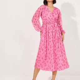 Styli Pink Printed A-Line Dress-image-0