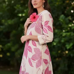 Indo Era Floral Printed V-Neck Pure Cotton A-Line Kurta With Trousers image 2