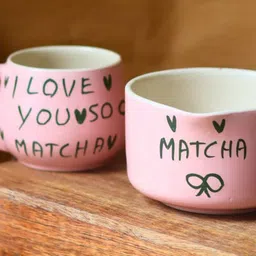WEAVING HOMES Essential Pink & Black 2Pcs Typography Printed Ceramic Glossy Cups Set 400ml image 2